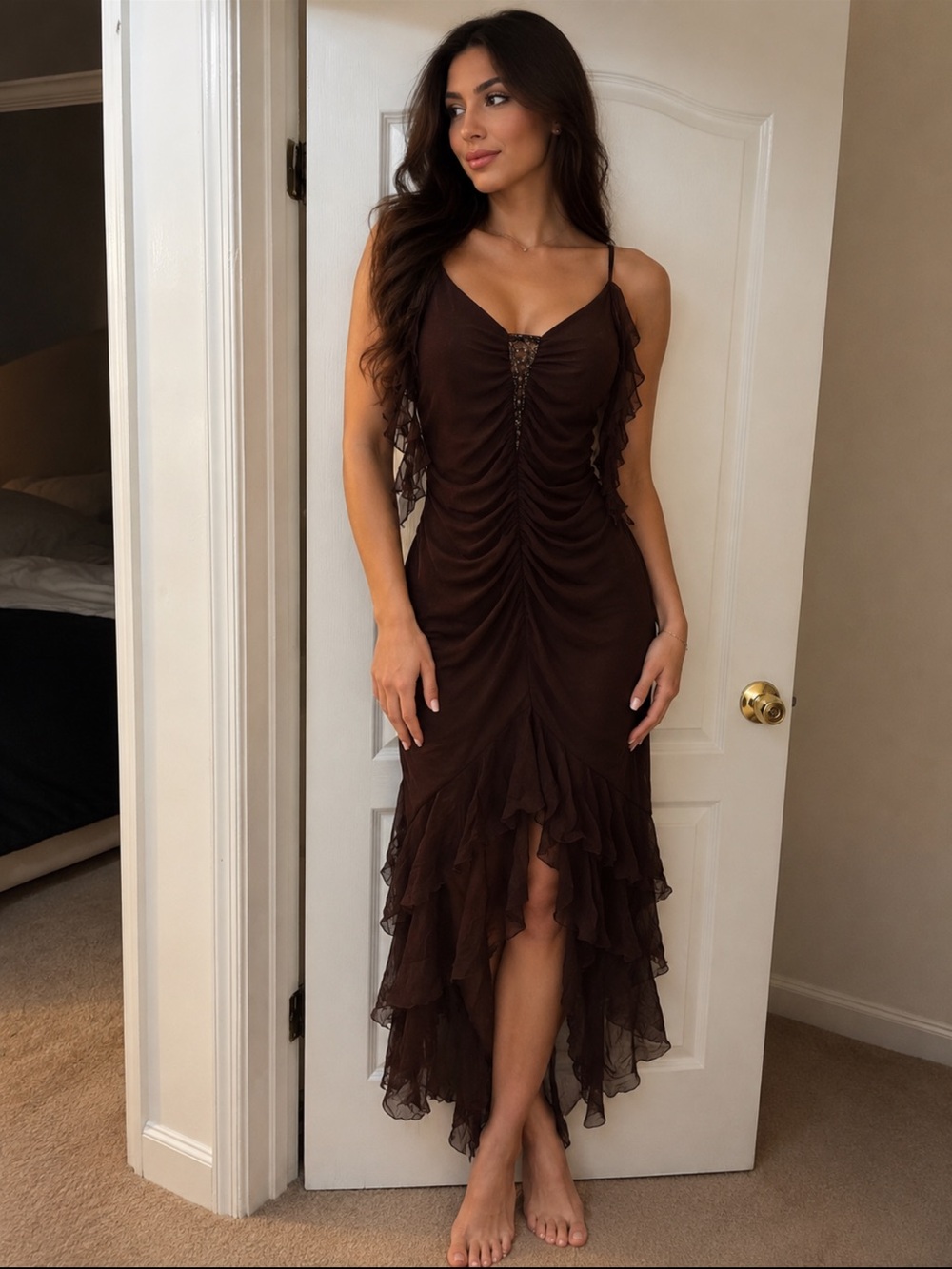 Women's Chocolate Brown Ruffle Ruched Slip Dress